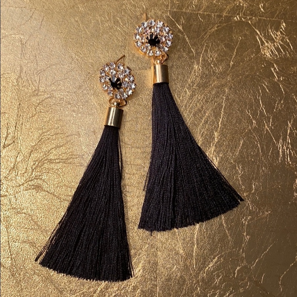 Goldtone, Clear and Black Stone Tassel Earrings NEW!!!